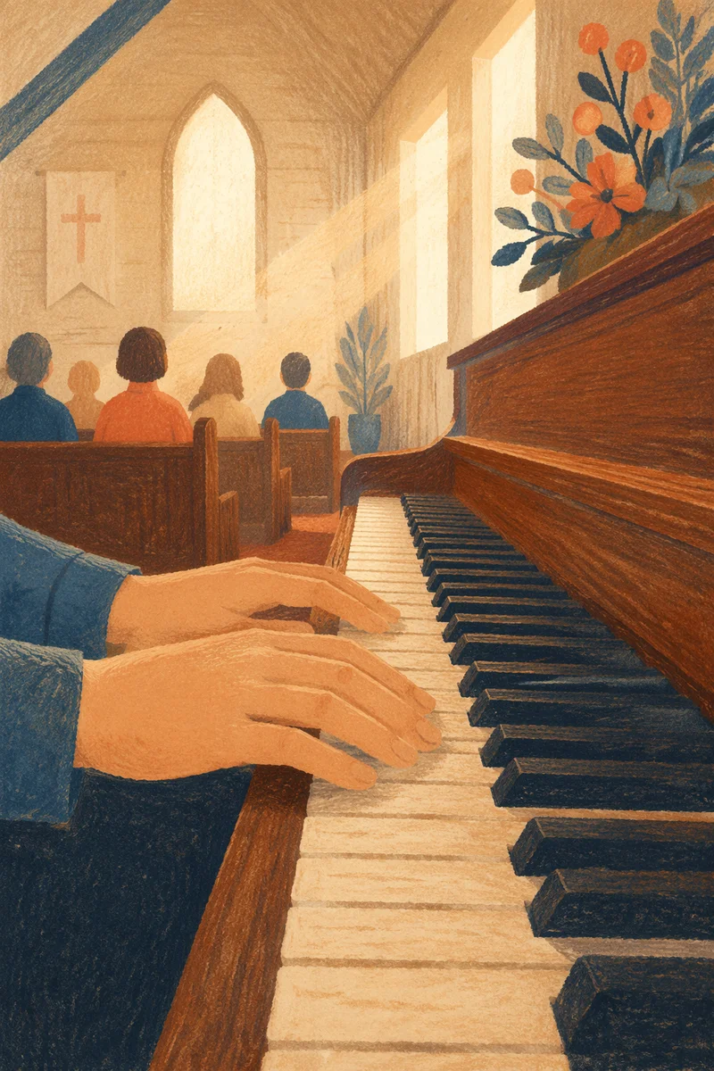 Quiet Worship Piano Keys in Wooden Chapel