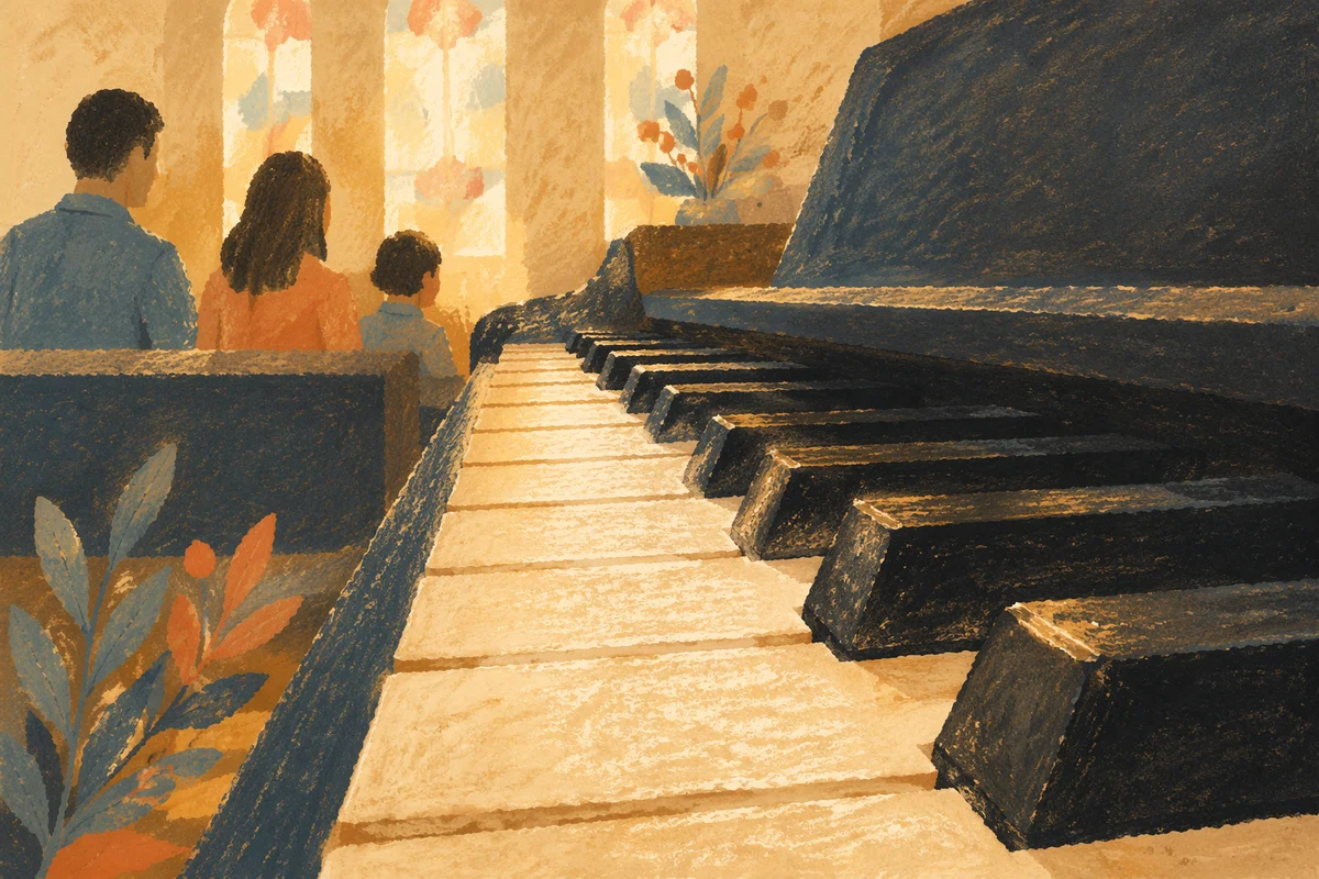 Soft Lit Piano Keys in Church Worship