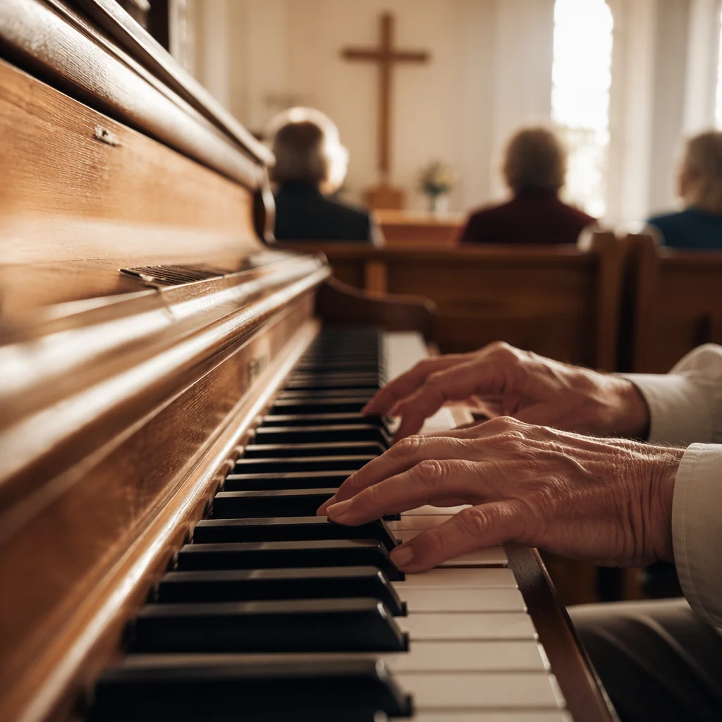 Reverent Piano Worship in Wooden Chapel