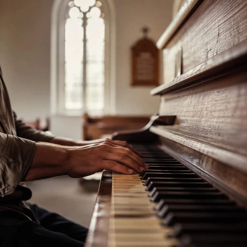 Worship Hands on Piano Keys in Morning Light