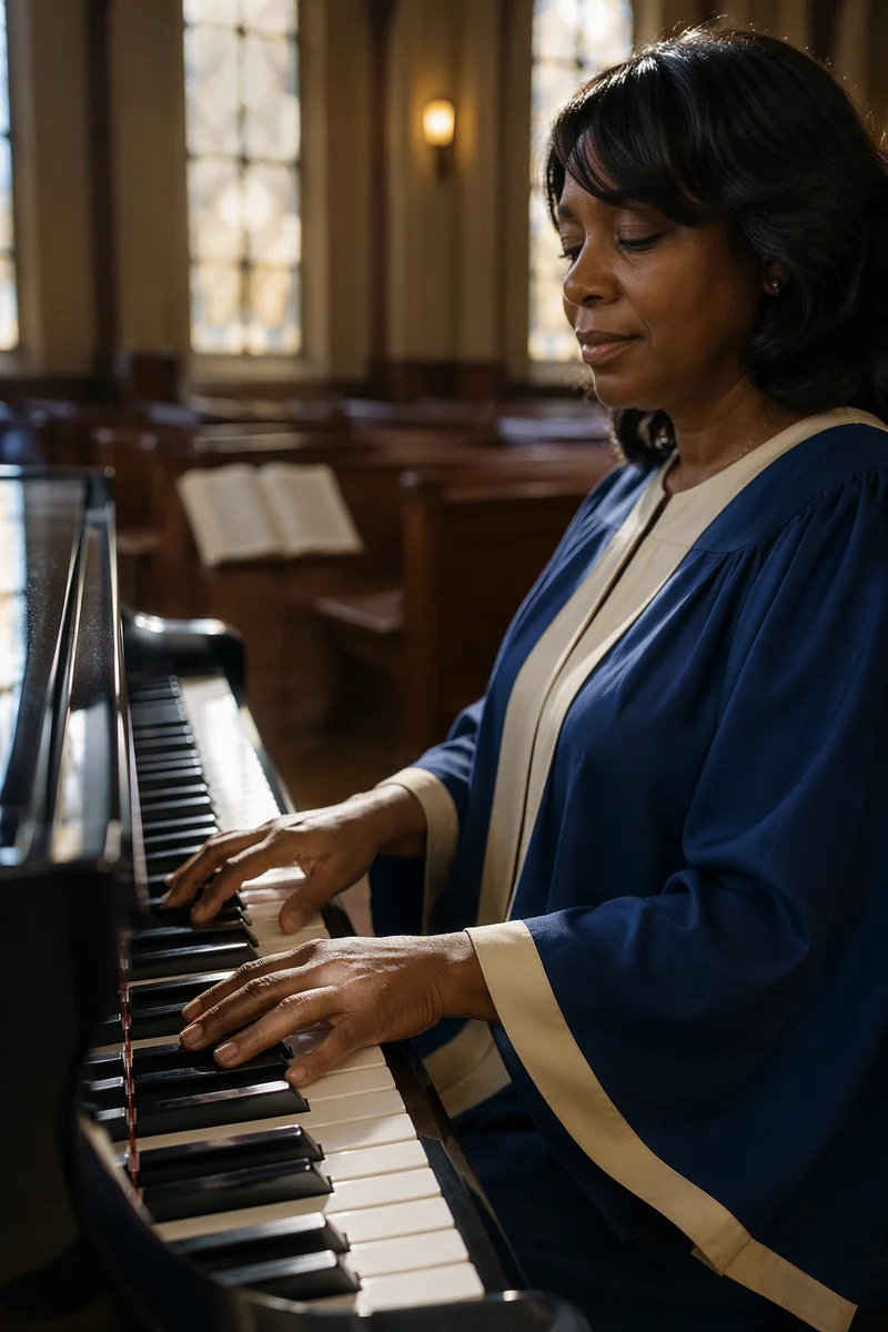Woman Playing Piano in Church Sanctuary
