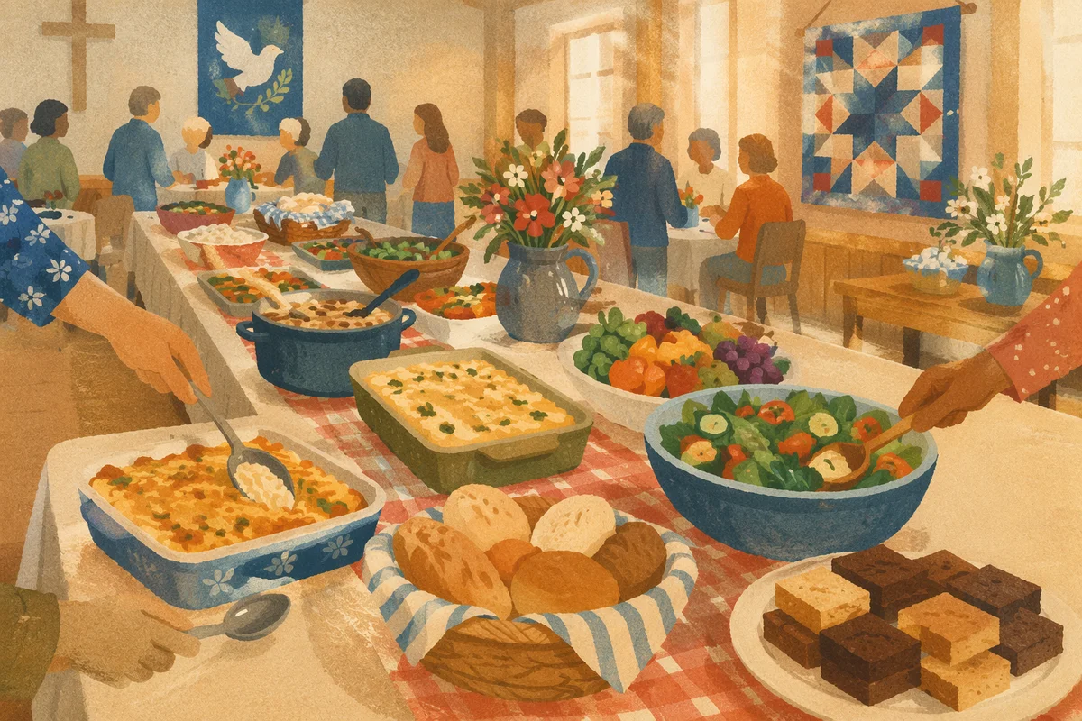 Church Potluck Dinner Spread in Fellowship Hall