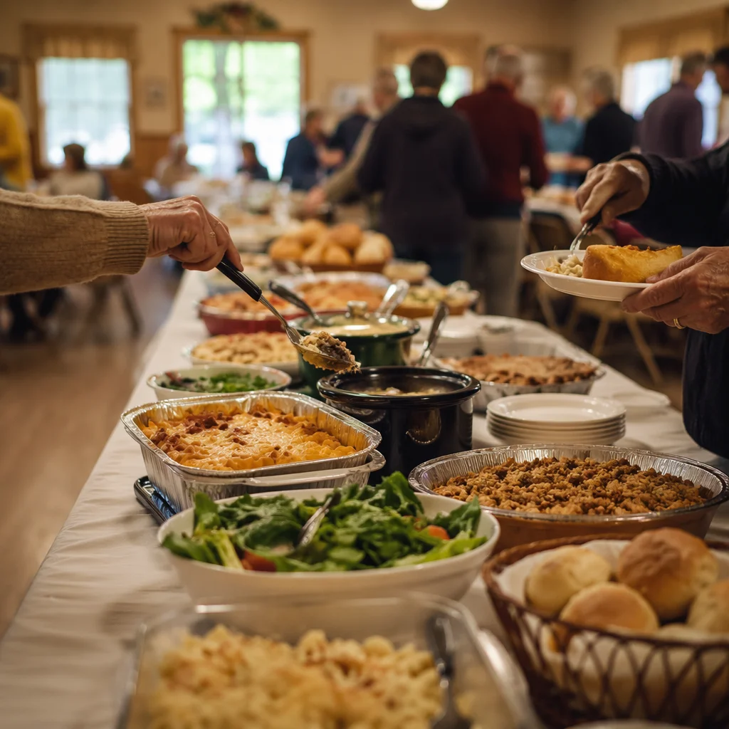 Welcoming Church Potluck Dinner Buffet Scene