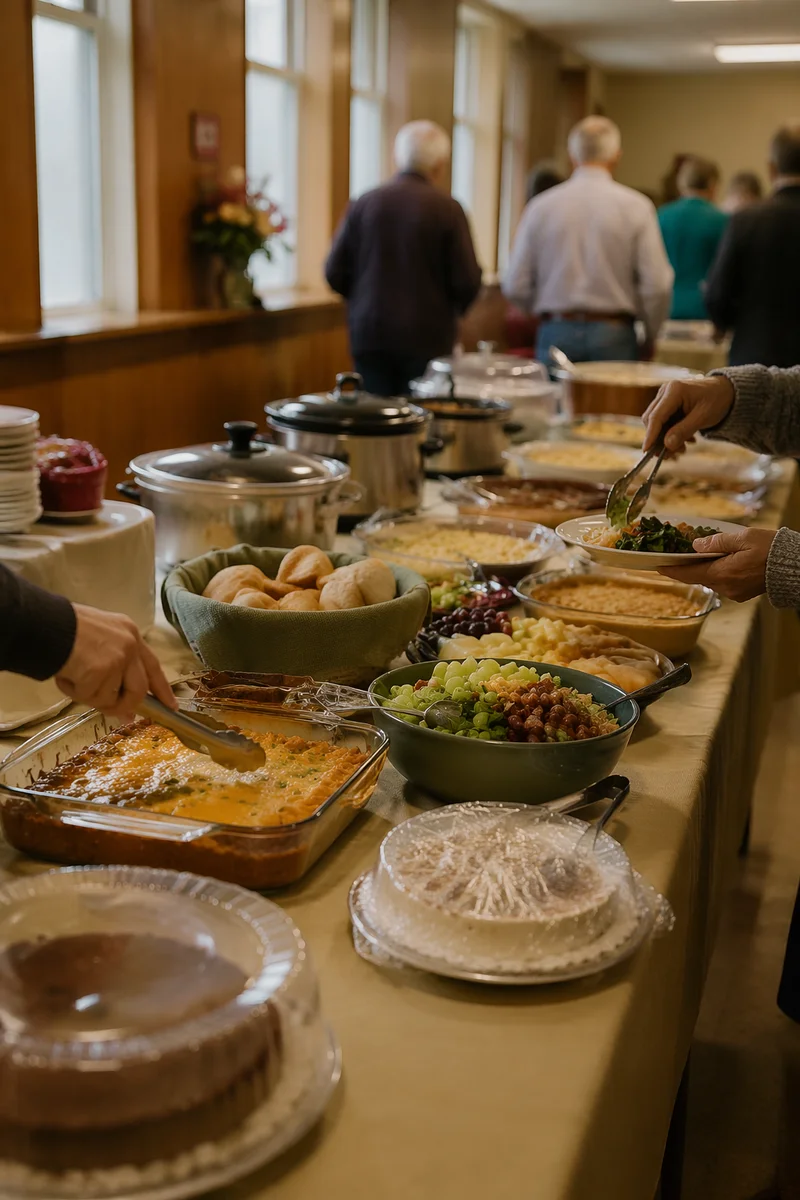 Church Potluck Dinner Spread in Fellowship Hall