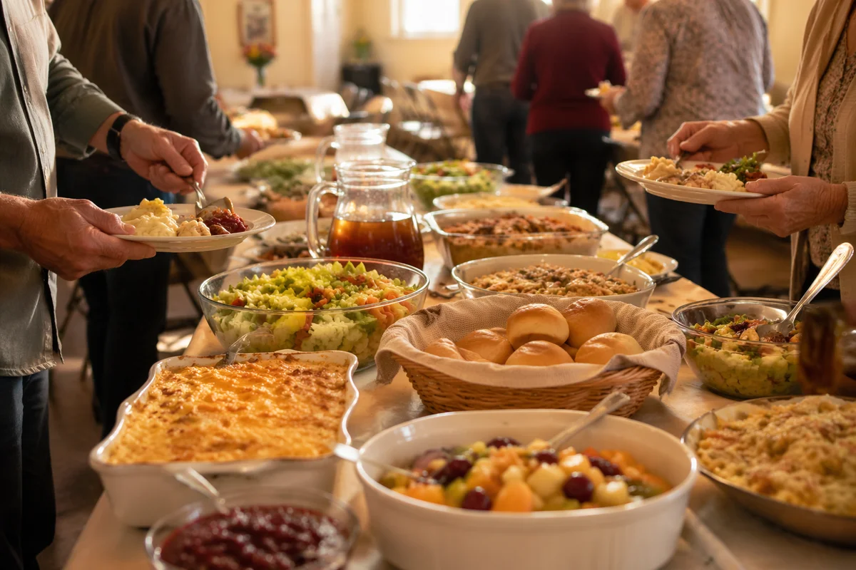 Church Potluck Dinner Spread in Fellowship Hall