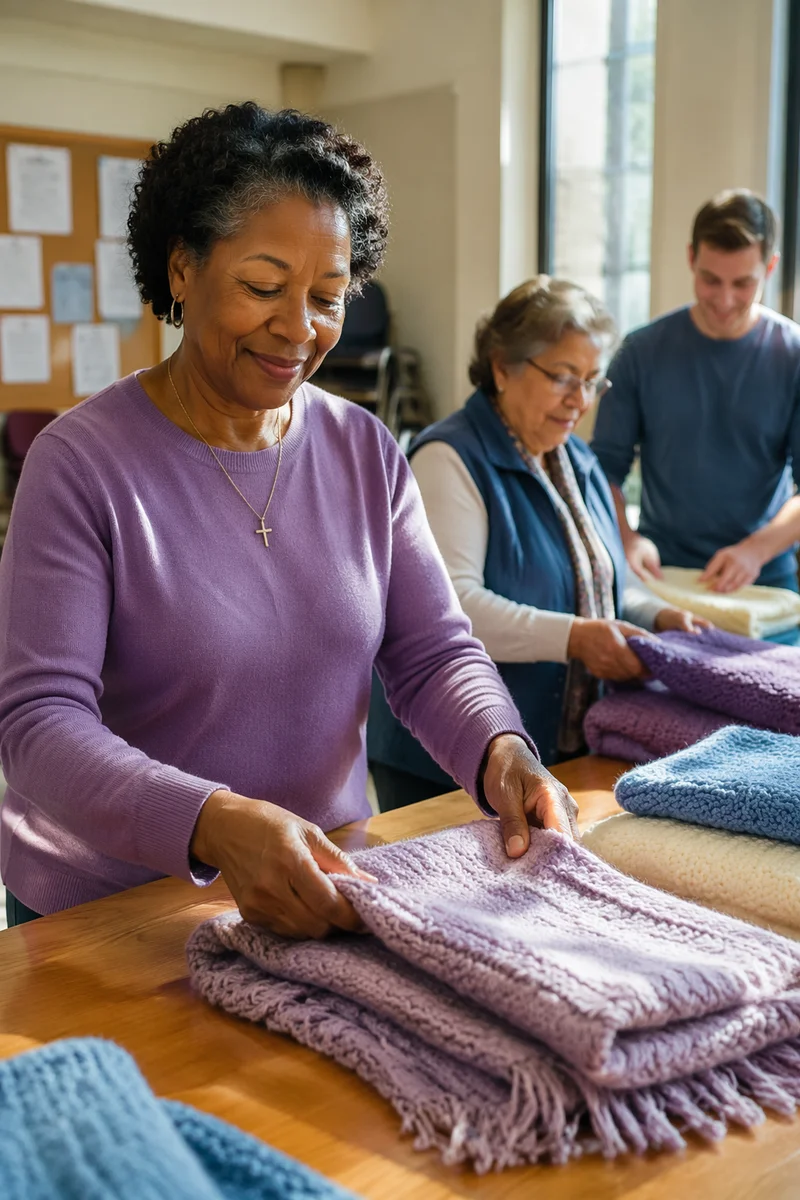 Women Folding Knitted Shawls Indoors
