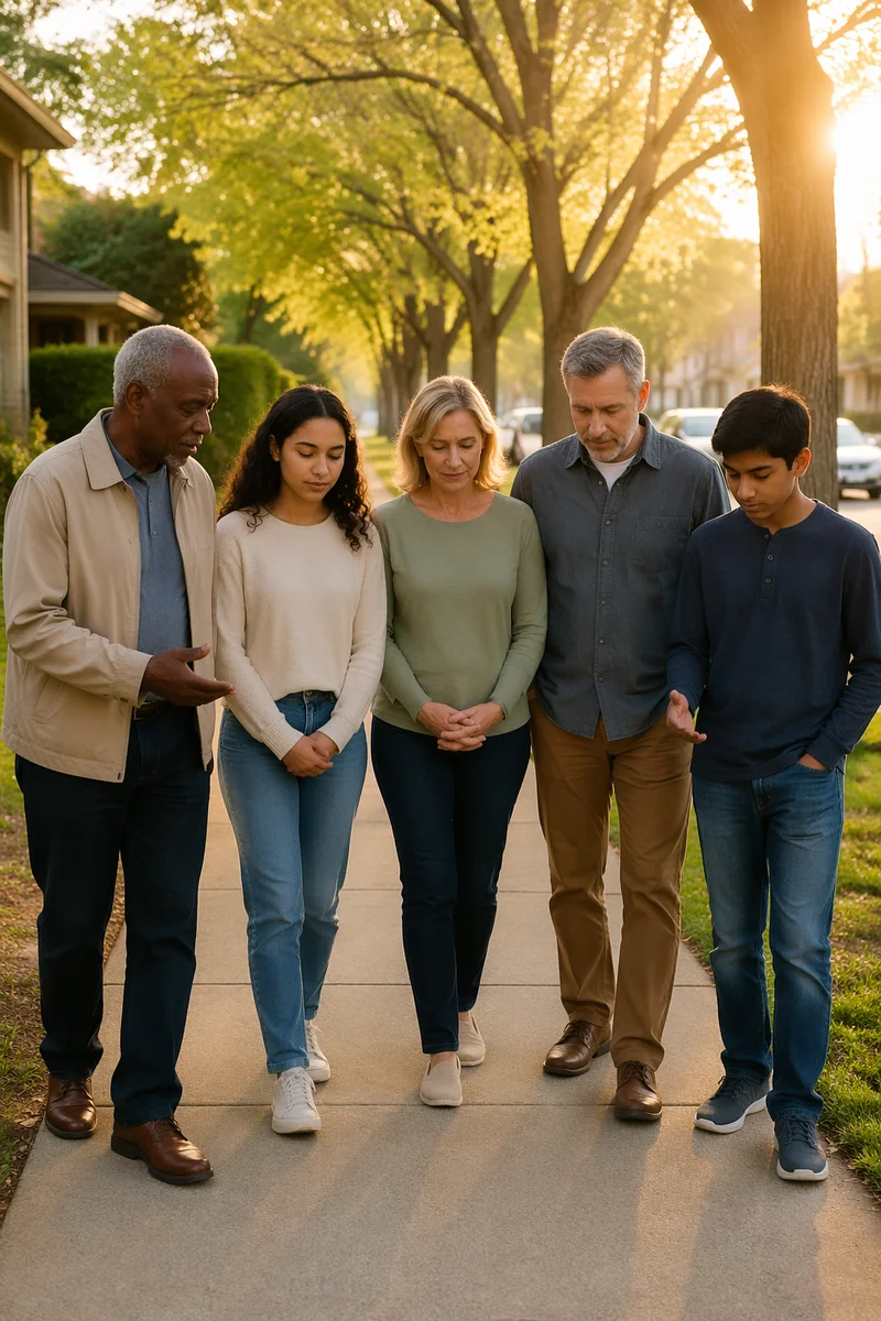 Church Prayer Walk in Neighborhood at Sunset