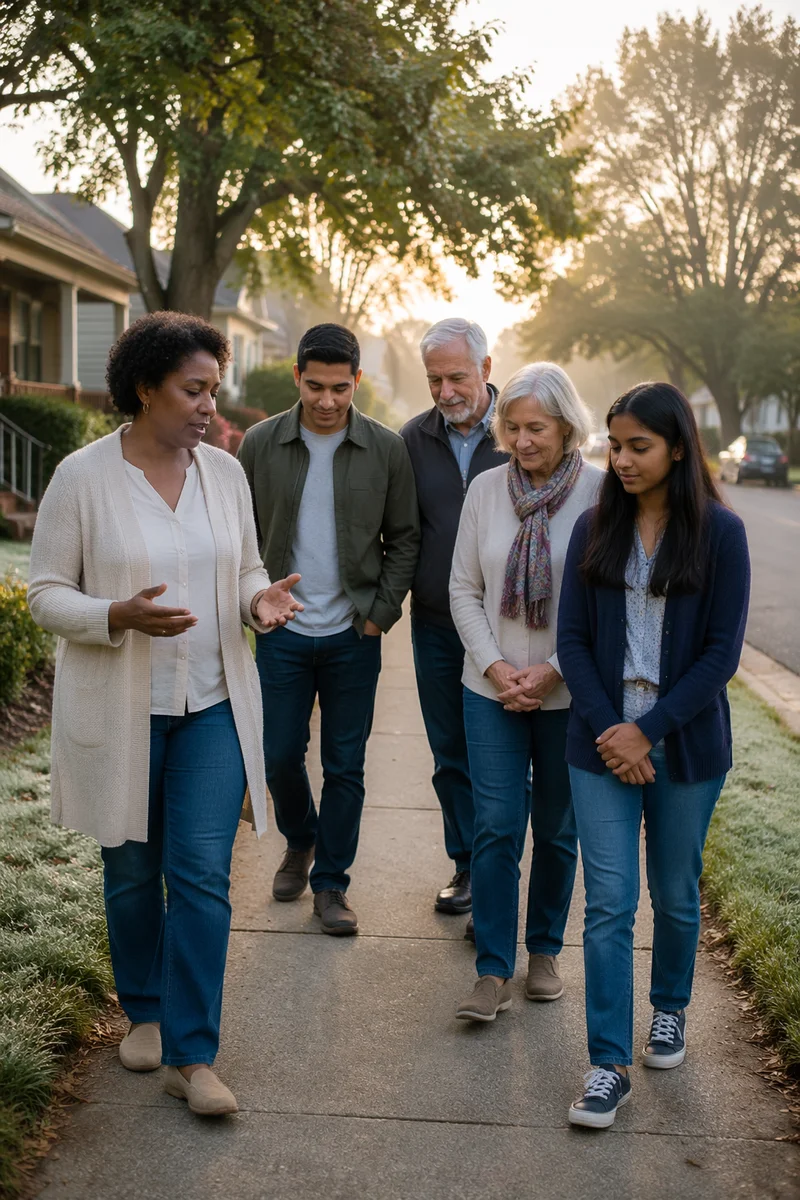 Diverse Group Walking on Morning Sidewalk