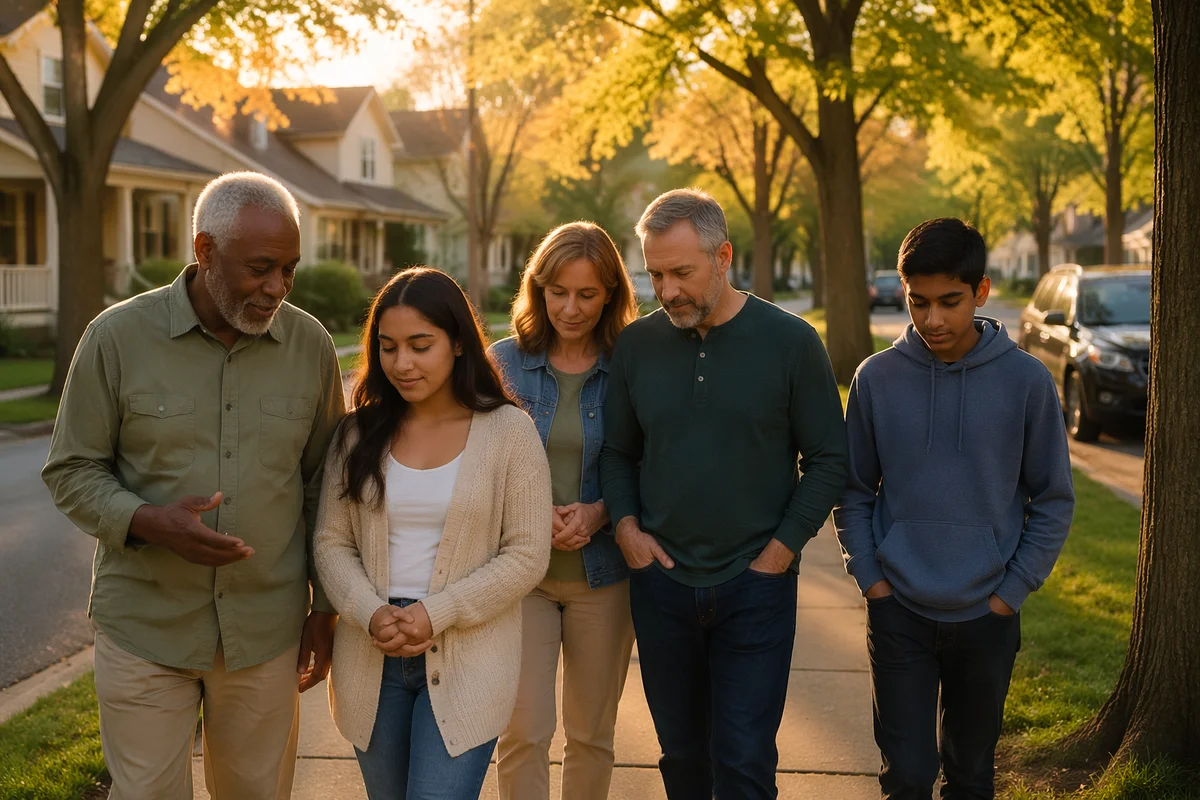 Church Group Walking on Neighborhood Sidewalk