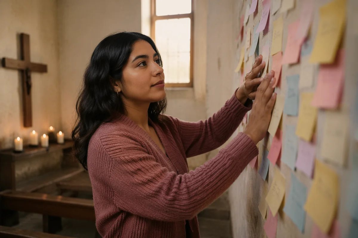 Woman Adding Note to Prayer Wall