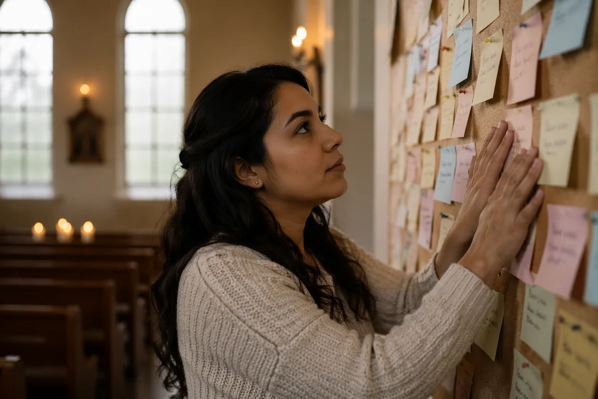 Woman Posting Note on Prayer Board