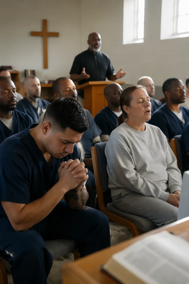 Inmates Gathering in Modest Prison Chapel