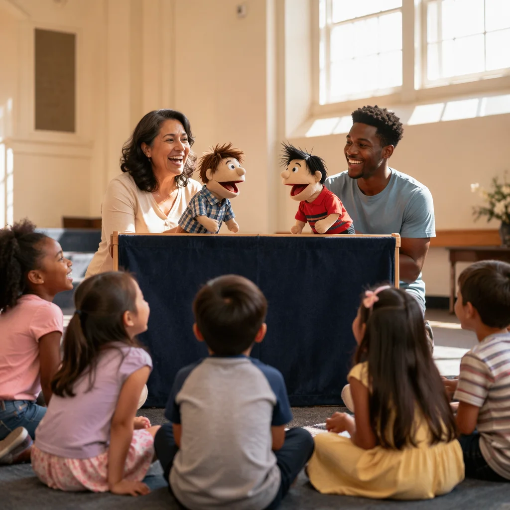 Children Watching Puppet Show in Community Hall