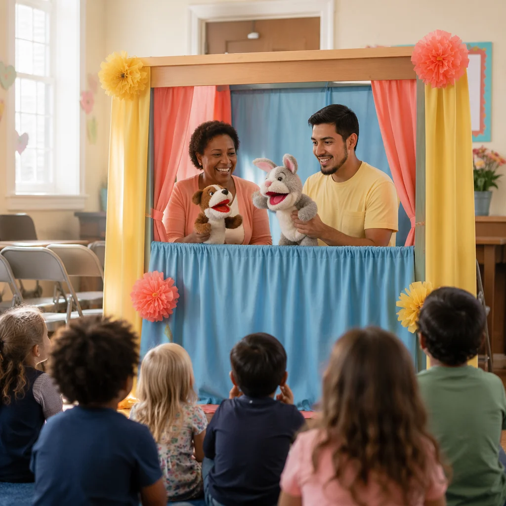 Children Watching Puppet Show in Church Room
