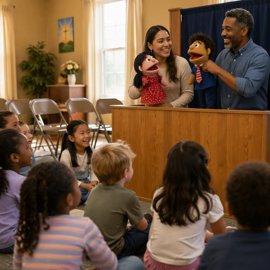 Children Watching Puppet Show in Community Hall
