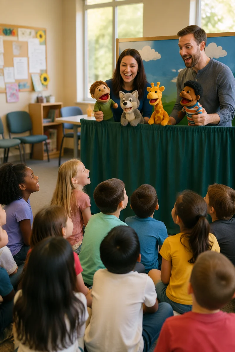 Children Watching Puppet Show in Church Room