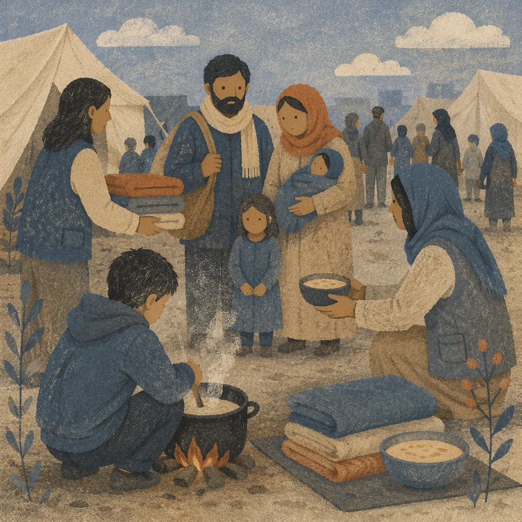 Church Volunteers Welcoming Refugee Family Outdoors