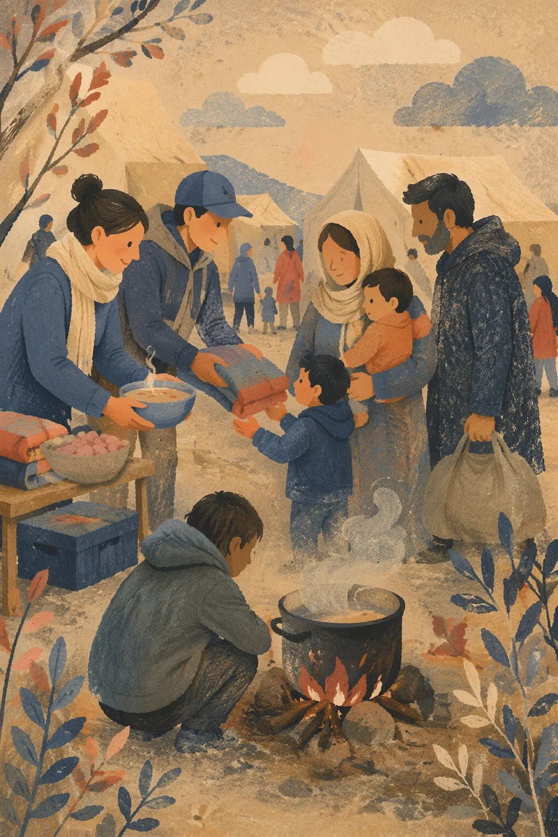 Church Volunteers Welcoming Refugee Family Outdoors