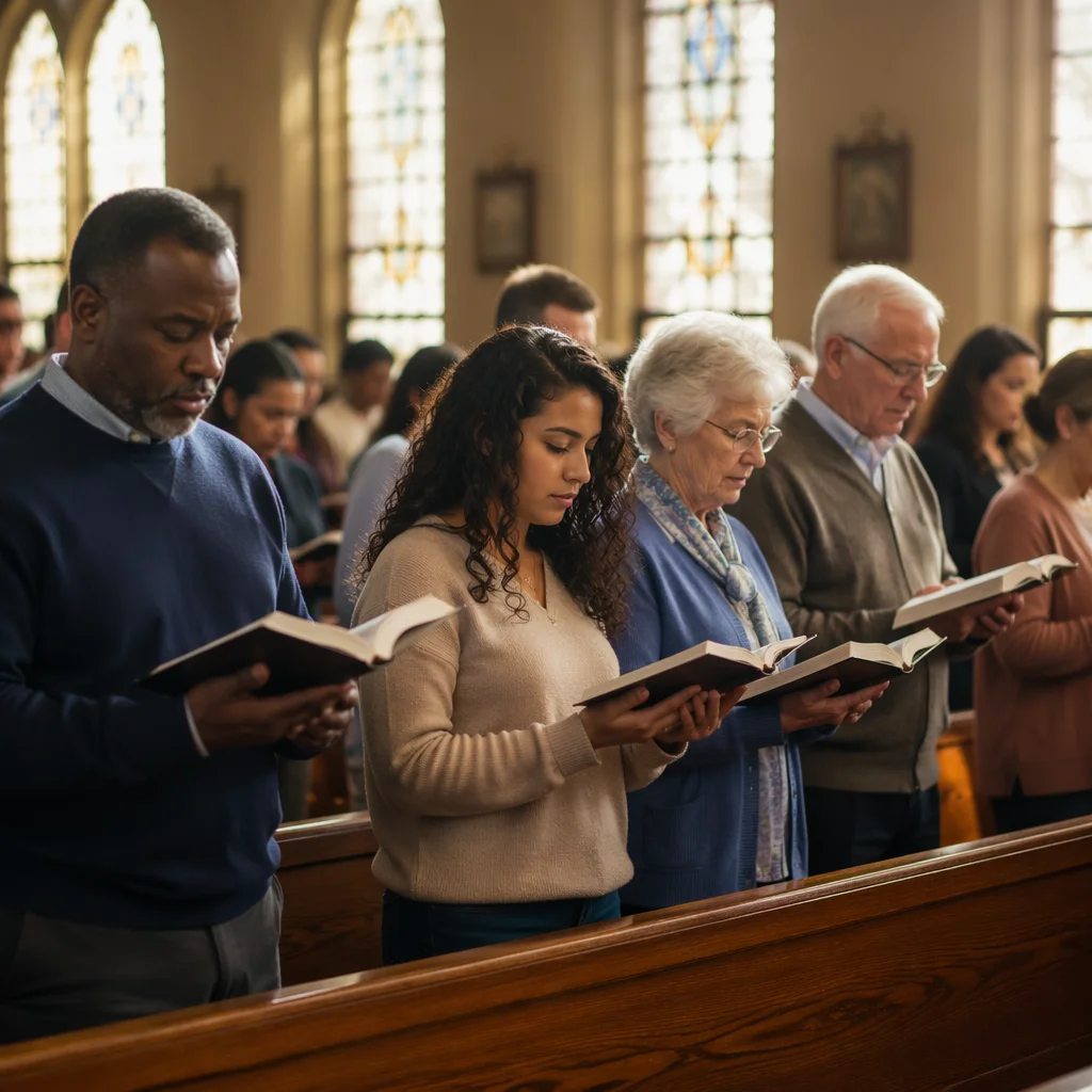 Congregation Standing with Open Bibles
