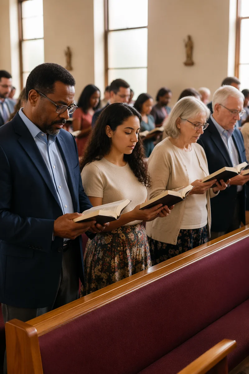 Congregation Standing with Open Bibles