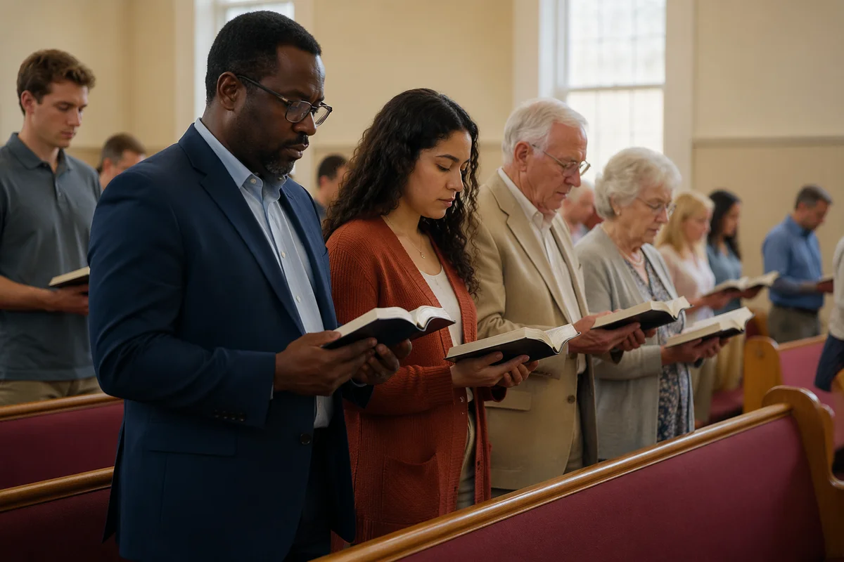 Congregation Standing and Reading Bibles