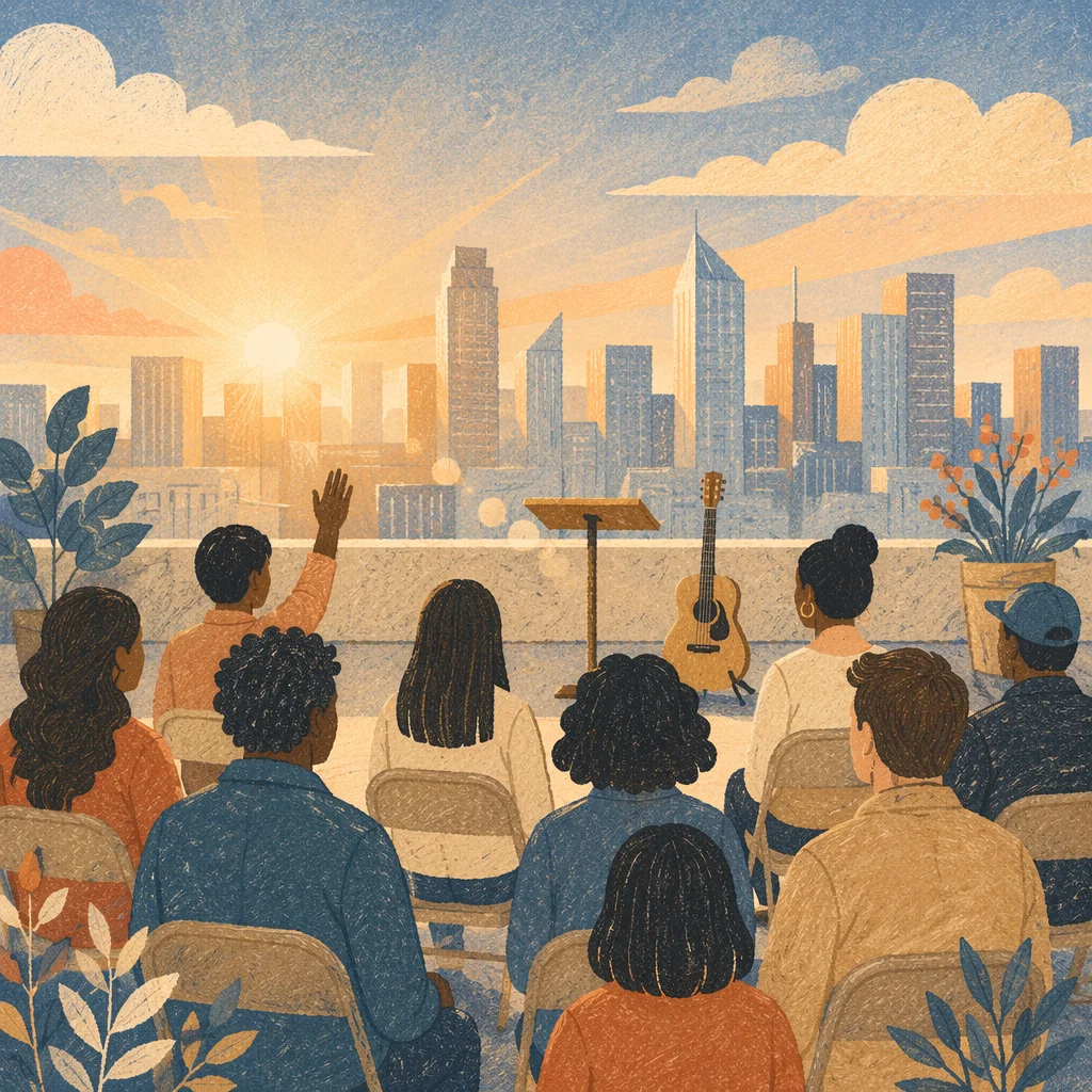 Sunrise Rooftop Church Service Over City