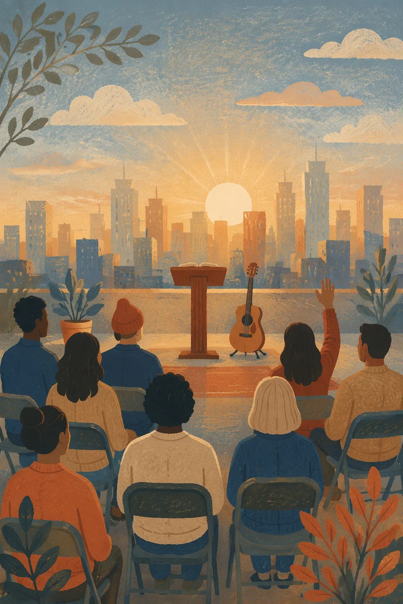 Sunrise Rooftop Church Service Over City