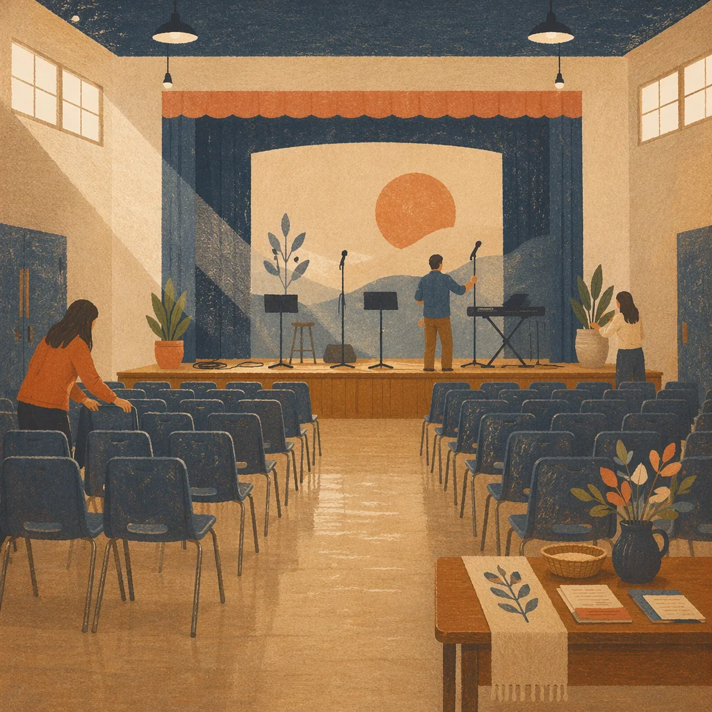 Sunday Church Setup in School Auditorium