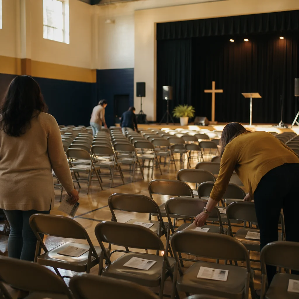 Sunday Church Setup in School Auditorium