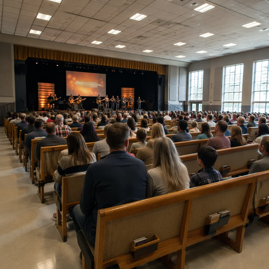 Sunday Church Service in School Auditorium
