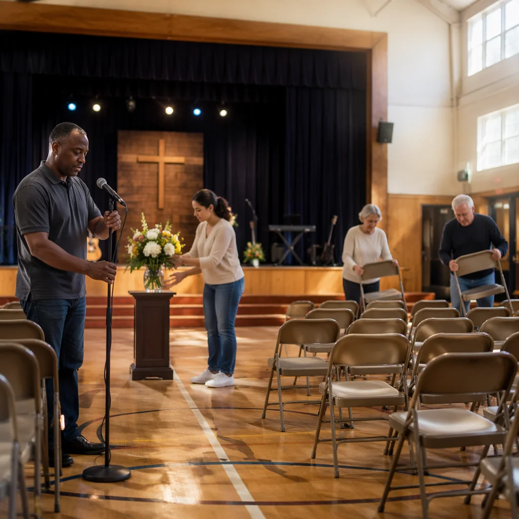 Volunteers Preparing School Auditorium Church Service