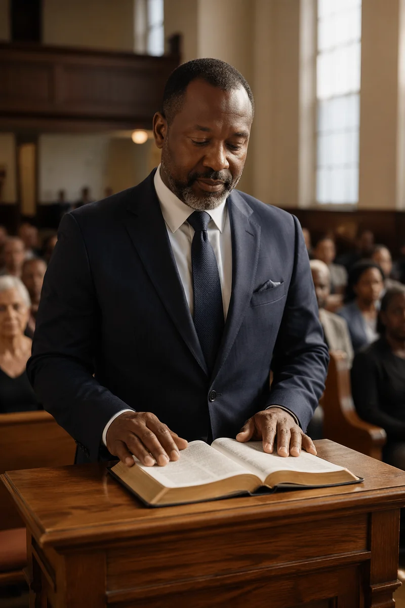 Man Reading at Wooden Church Pulpit