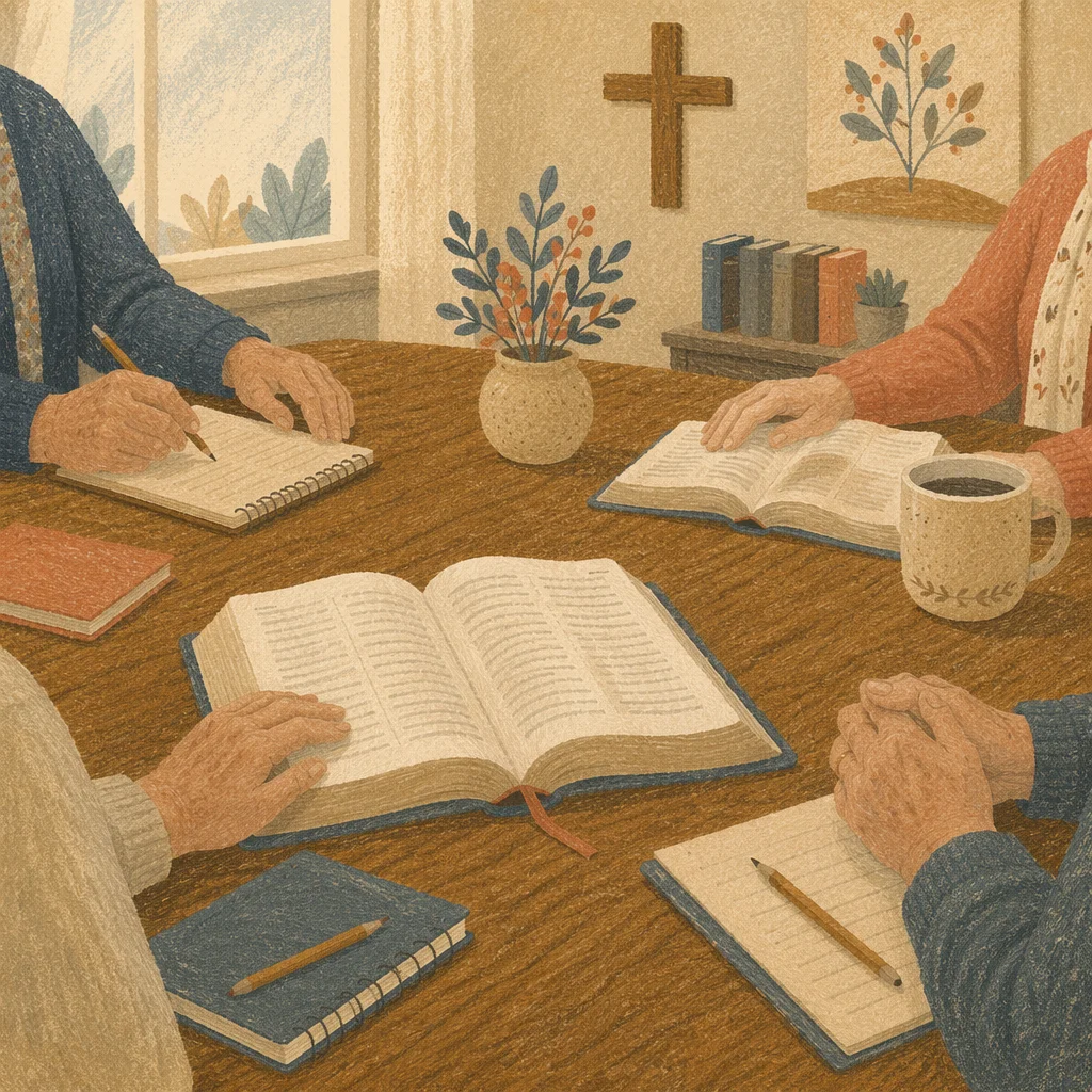 Senior Adults Bible Class Around Wooden Table