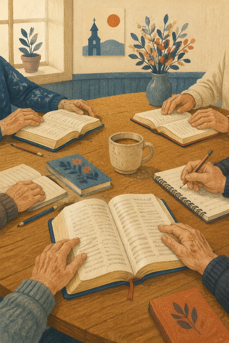 Senior Adults Bible Class Around Wooden Table