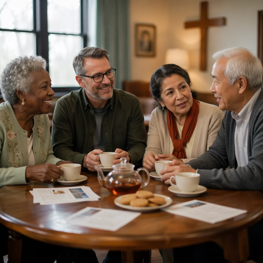 Seniors Sharing Tea Around Wooden Table