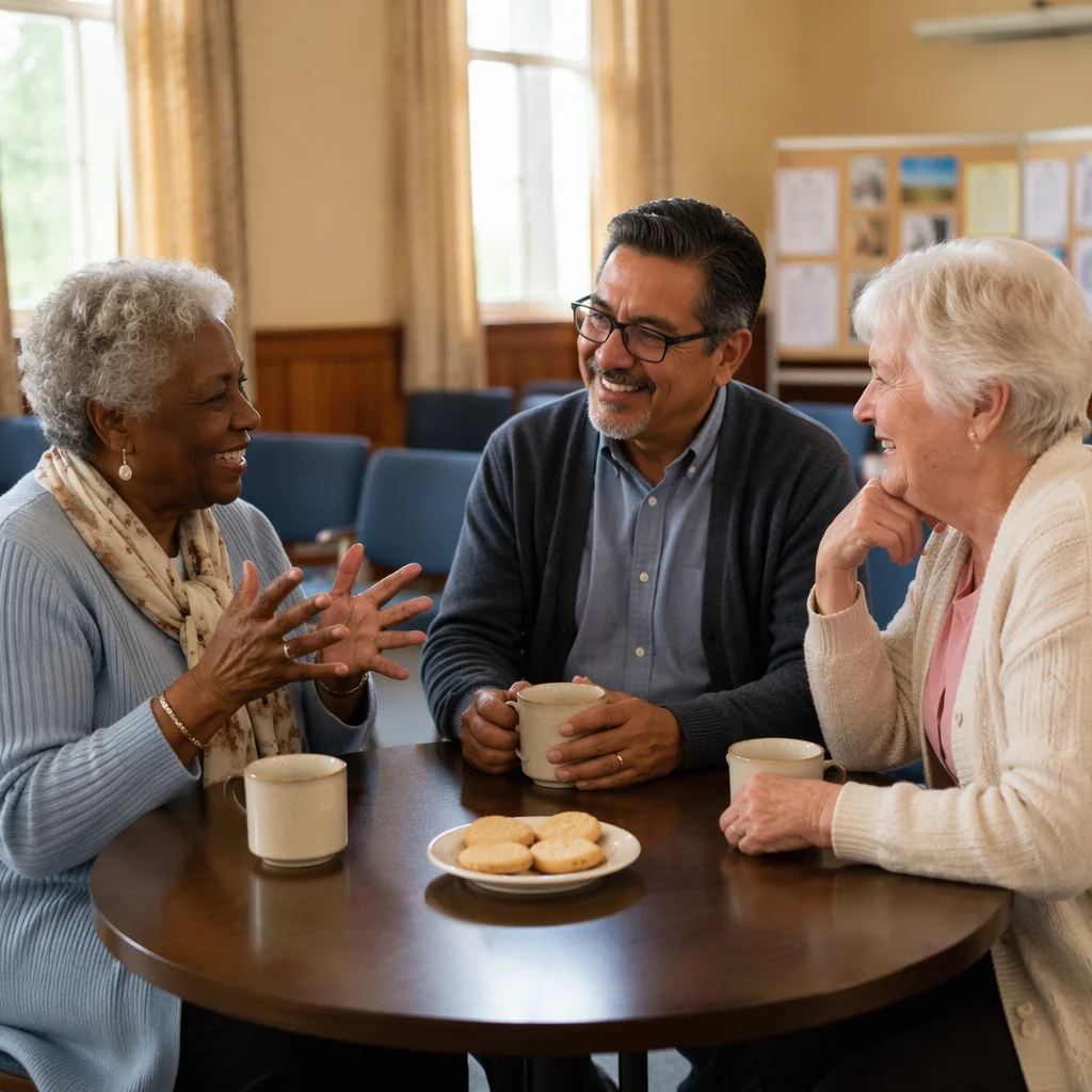Seniors Sharing Tea in Community Hall