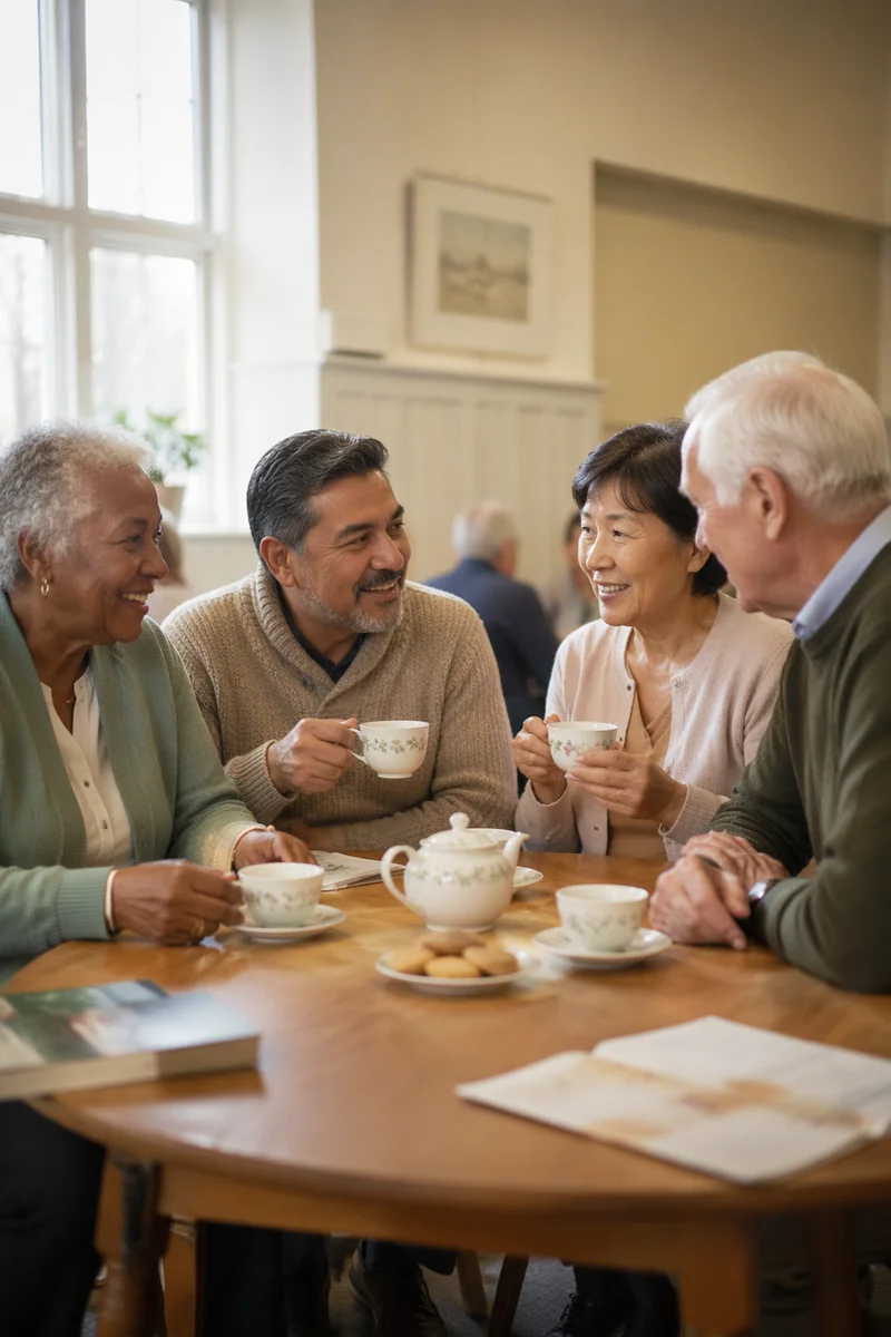 Seniors Sharing Tea in Community Room