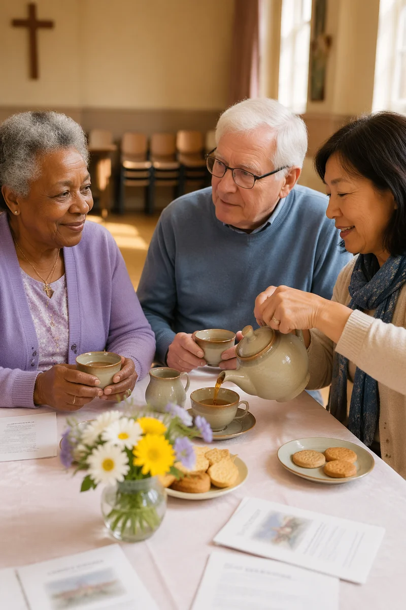 Three People Sharing Tea in Church Hall