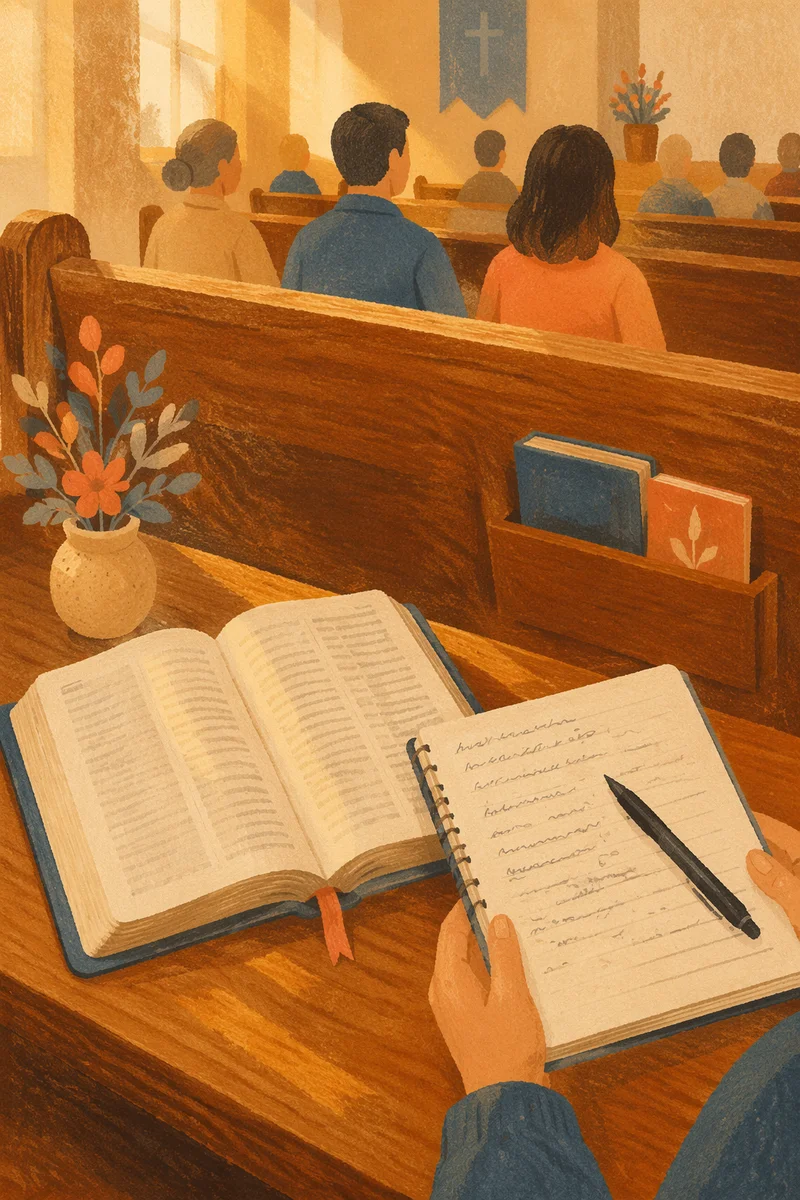 Open Bible and Sermon Notes in Pew