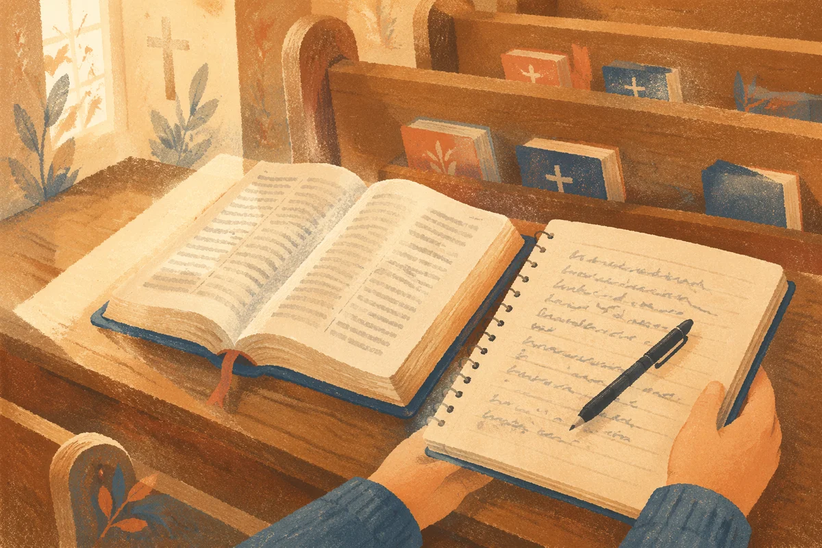 Open Bible and Sermon Notes on Pew
