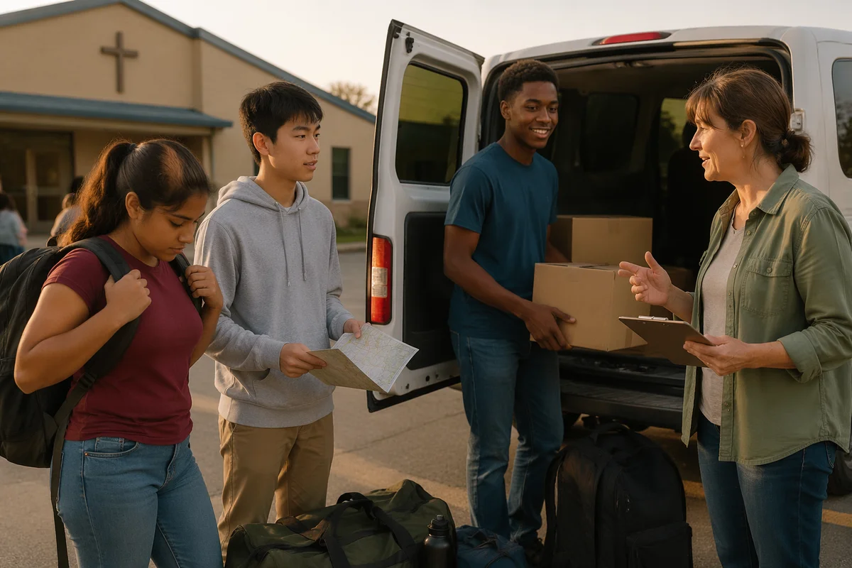 Youth Group Loading Van at Sunrise