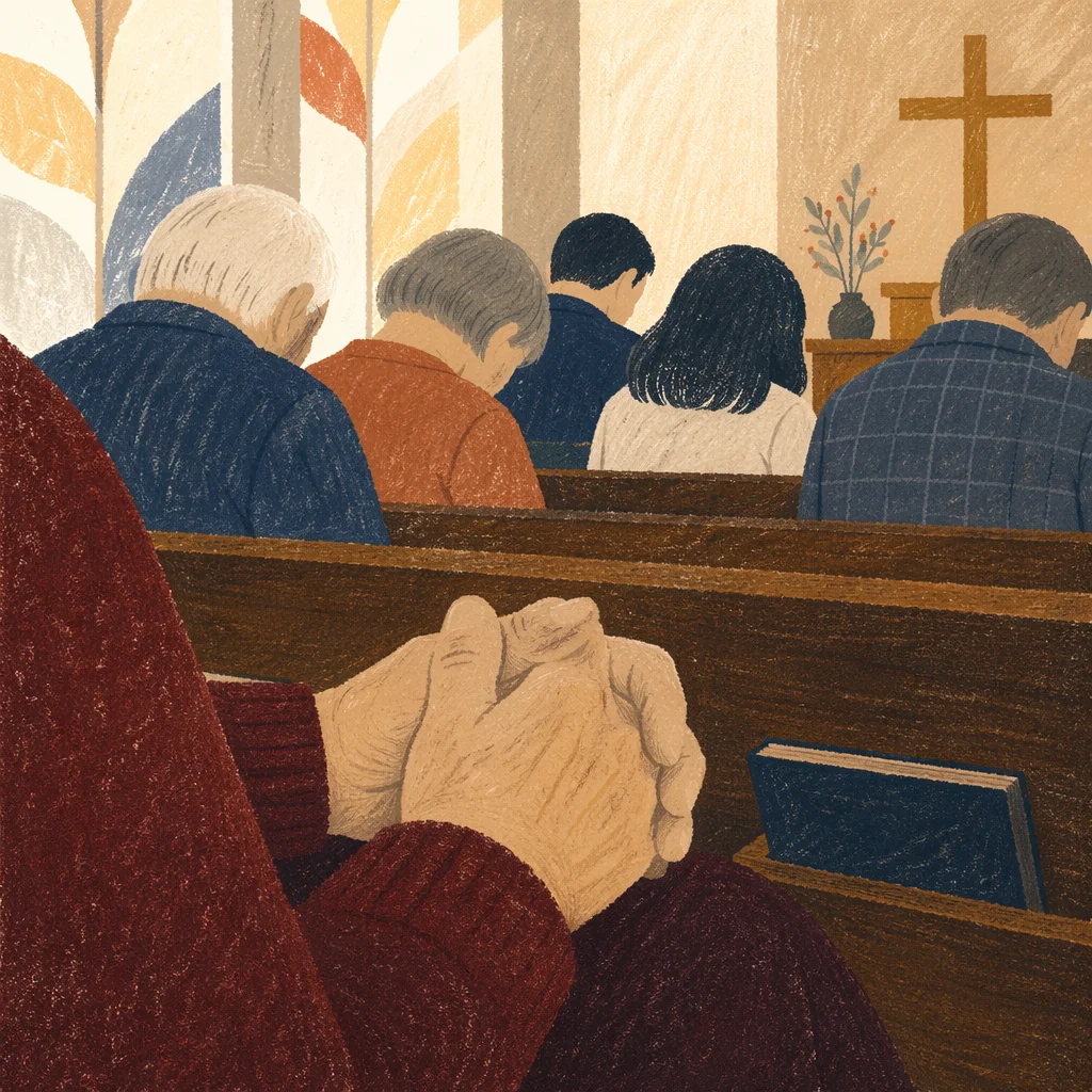 Silent Prayer Hands in Church Pew