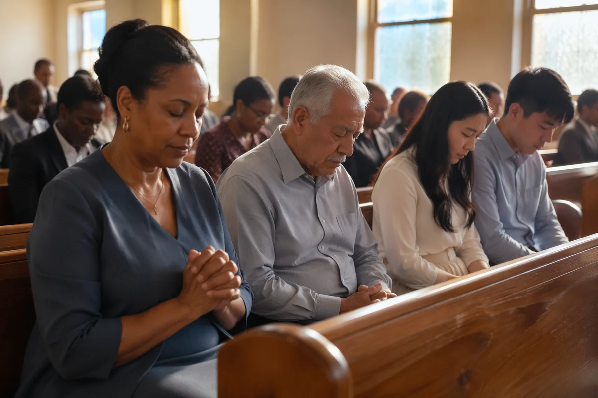 Congregation Bowing Heads in Sunlit Church