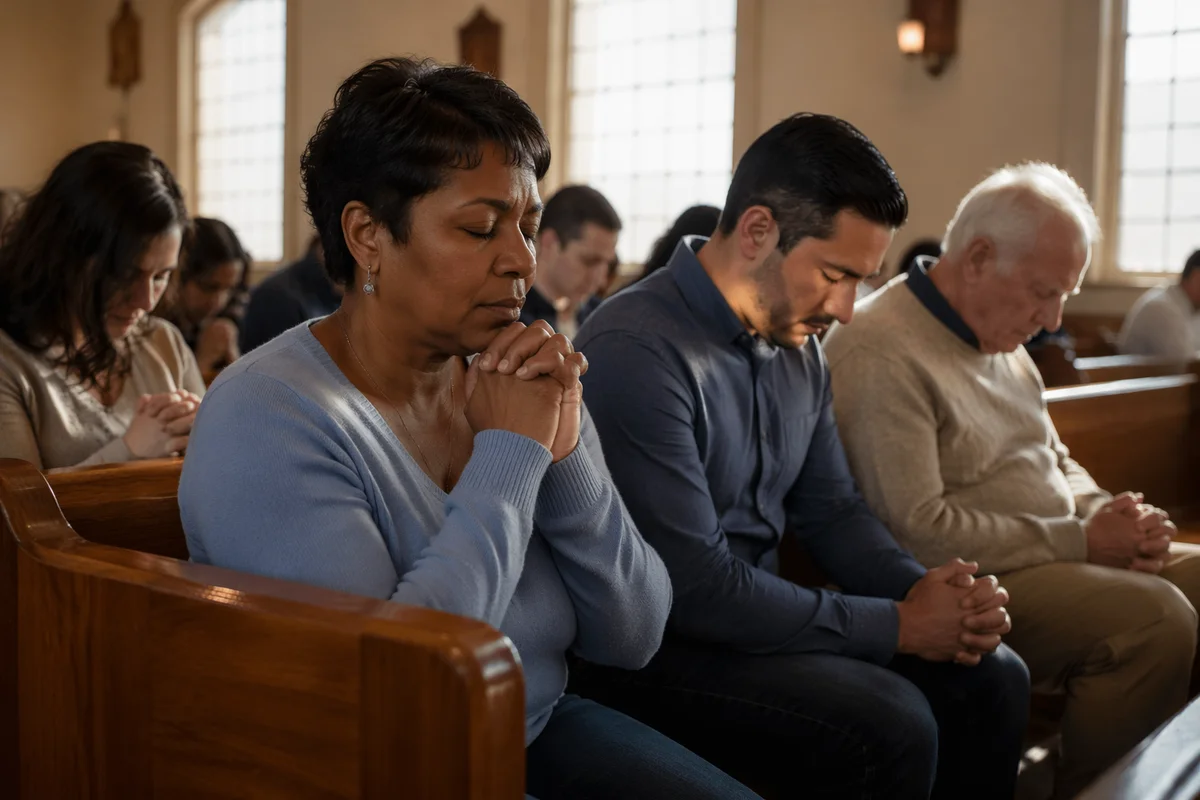 Congregation Bowed in Sunlit Church Prayer