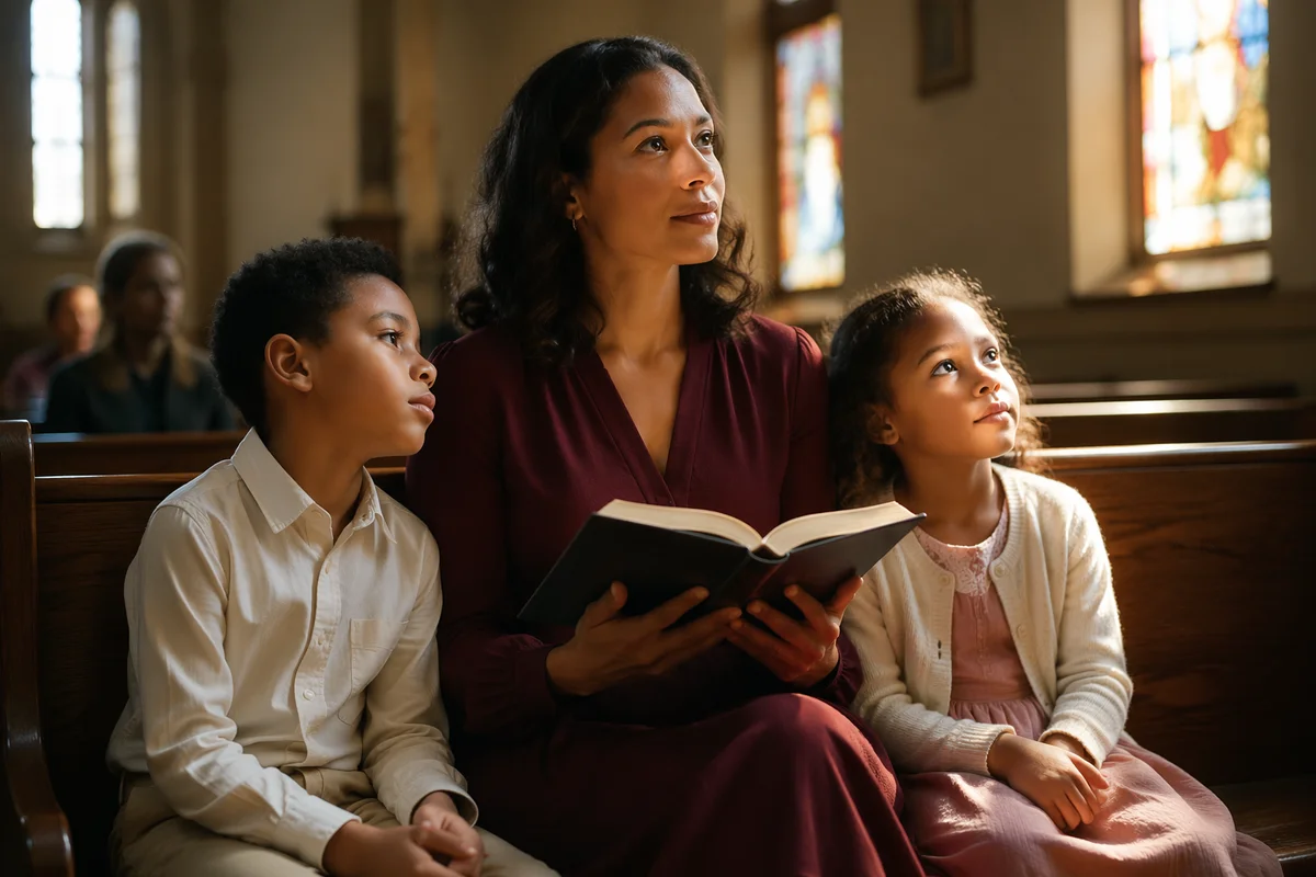 Mother and Children in Church Pew