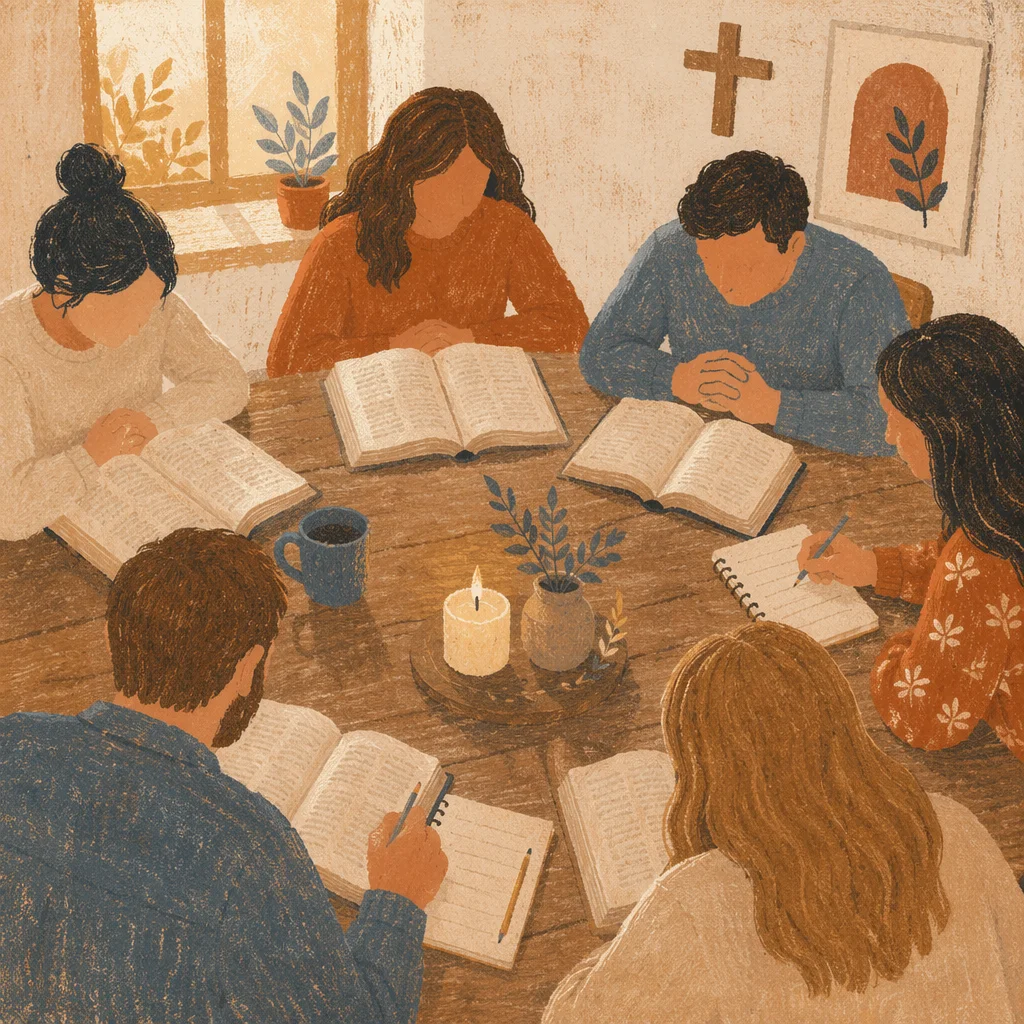 Small Group Bible Study Around Wooden Table