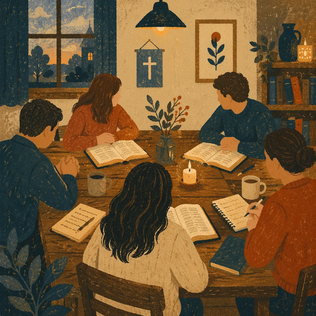Small Group Bible Study Around Wooden Table