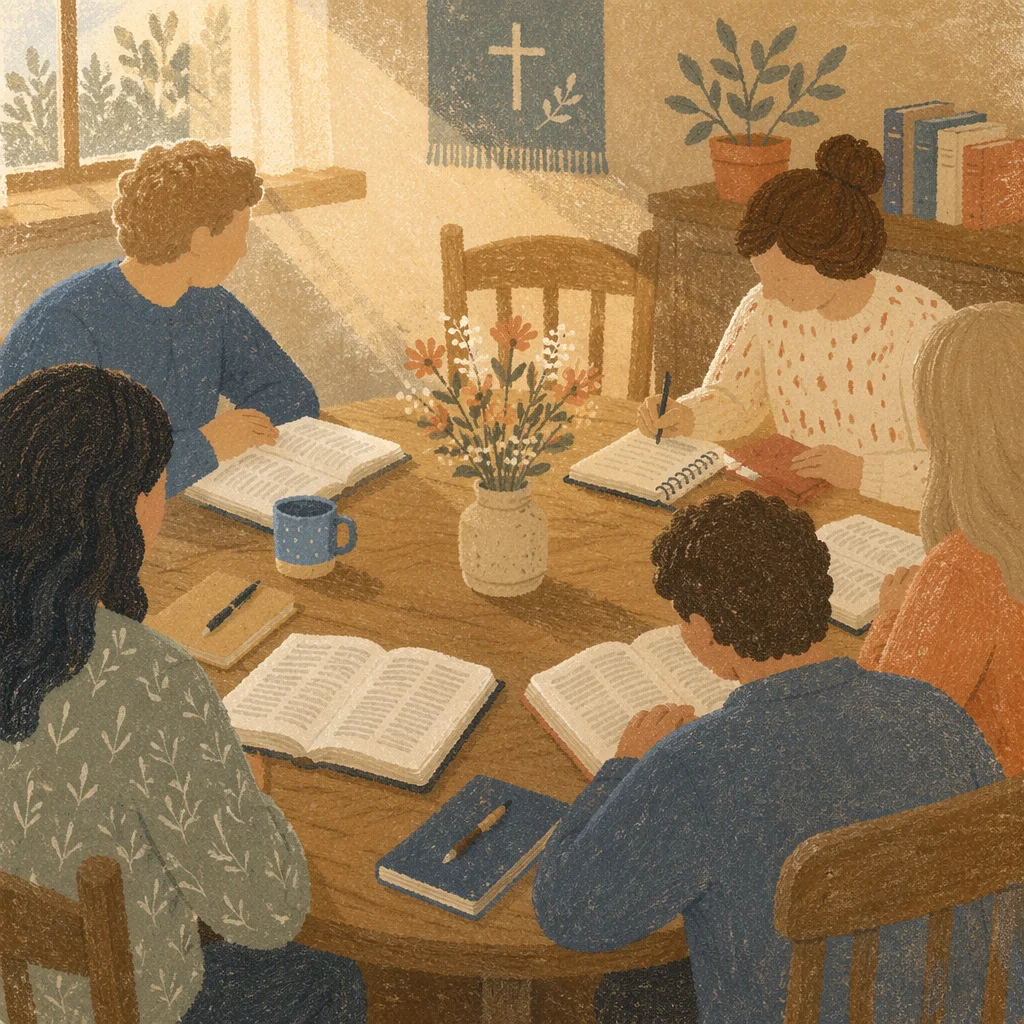 Small Group Bible Study Around Wooden Table