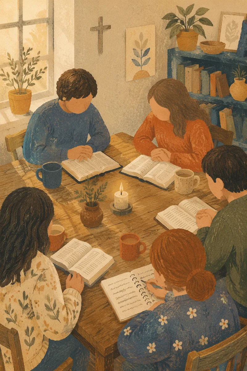 Small Group Bible Study Around Wooden Table
