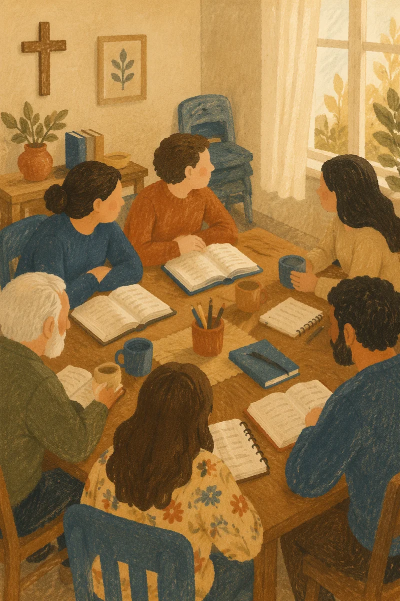 Small Group Bible Study Around Wooden Table